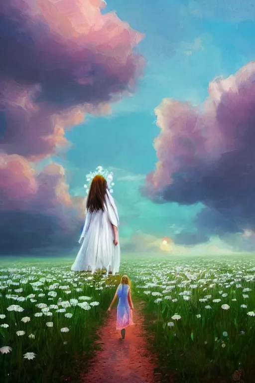 Image similar to giant white daisy flowers as face, girl with veil walking in a flower field, surreal photography, sunrise, dramatic light, impressionist painting, colorful clouds, digital painting, artstation, simon stalenhag