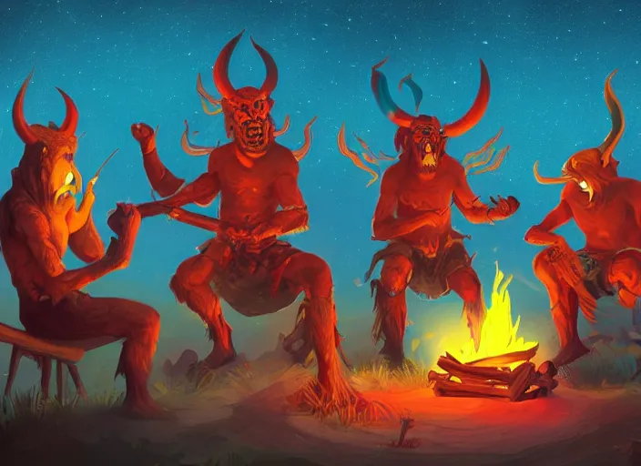 Prompt: Ethnic demons making music on a campfire on the night, colourful stars on the sky, trending on Artstation