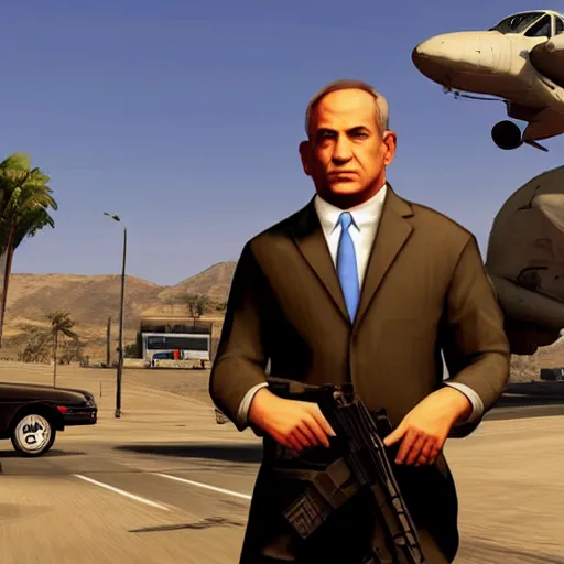 Prompt: benjamin netanyahu on a GTA v cover