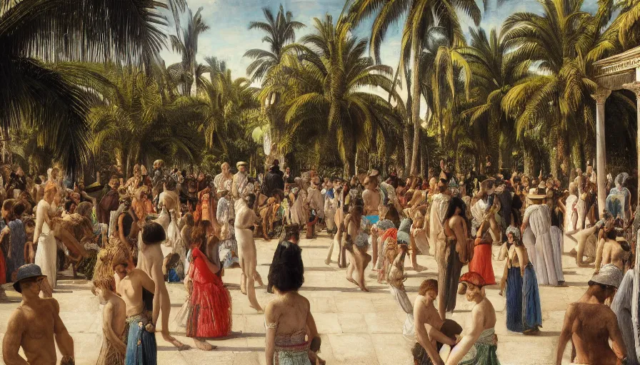 Image similar to a ultradetailed beautiful painting of hundreds of people around an old fountain in the amazonas palace balustrade designed by jules bastien - lepage, tarsila do amaral, frank weston and gustave baumann, beach, trending on artstation, mediterranean, palm trees, sharp focus, soft light, 8 k 4 k