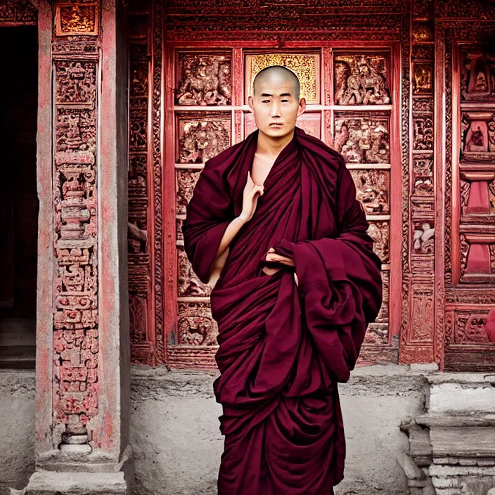 Prompt: fashion editorial buddhist monk in nepal temple, monastery, portrait, photography, very beautiful, highly detailed, intricate