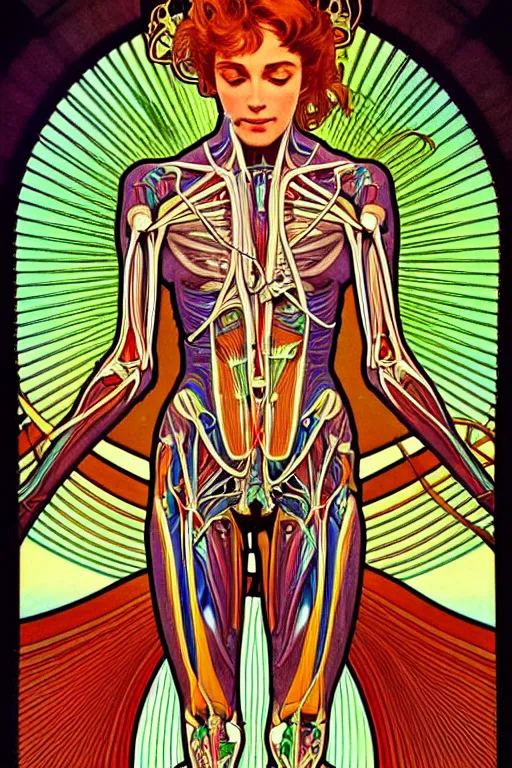 Image similar to extremely psychedelic anatomically accurate model of the ful cyborg human muscular system infected by night, full body, intricate parts, fine details, hype - realistic digital art. extremely lifelike, elegant minimalism. sharp focus. lush color by seichen, alphonse mucha, surreal