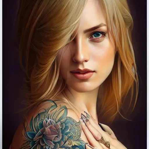 Image similar to ultra realistic illustration, a hot and beautiful tattooed blonde slavic woman in her 3 0's, intricate, elegant, highly detailed, digital painting, artstation, concept art, smooth, sharp focus, illustration, art by artgerm and greg rutkowski and alphonse mucha