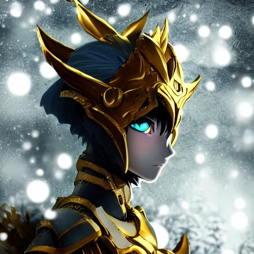 Prompt: focus face portrait of beautiful darkness knight 3D anime girl, posing, golden armor wearing, dark forest background, snowing, bokeh, inspired by Masami Kurumada, digital painting, high contrast, unreal engine render, volumetric lighting, high détail