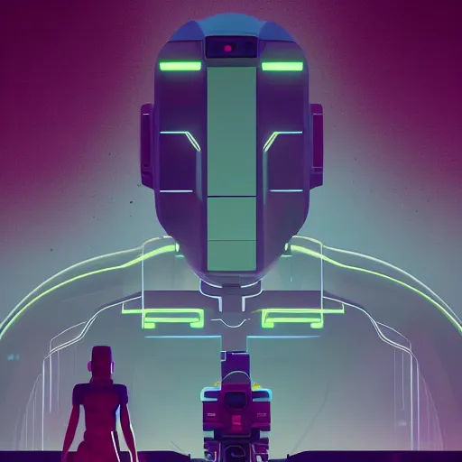 Prompt: a graph - style woman walking across a lush green field, a huge robot head in front of her, cyberpunk art by by james gilleard, cgsociety, retrofuturism, synthwave, retrowave, outrun