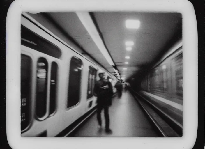 Image similar to ominous polaroid photo of scary monster in style of trevor henderson inside toronto subway