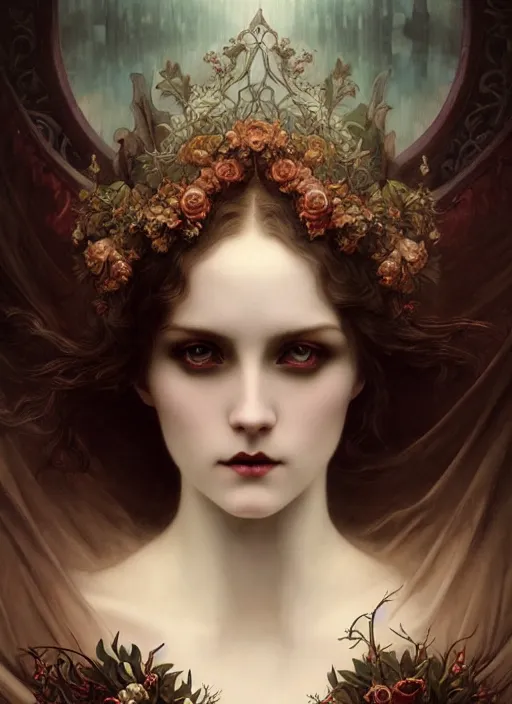 Image similar to majestic gothic vampire porcelain skin girl movie poster, art style by edmund leighton, tom bagshaw, alphonse mucha, exquisite digital art, iconic, masterpiece, organic painting, photorealistic, ornate and hyper detailed