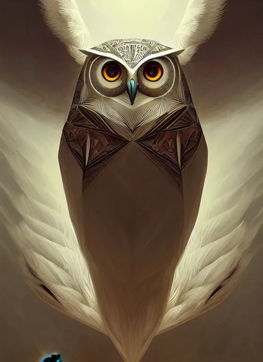 Image similar to portrait of a geometric owl, identical eyes, medium shot, illustration, full body made of white feathers, symmetrical, art stand, super detailed, cinematic lighting, and its detailed and intricate, gorgeous, by peter mohrbacher