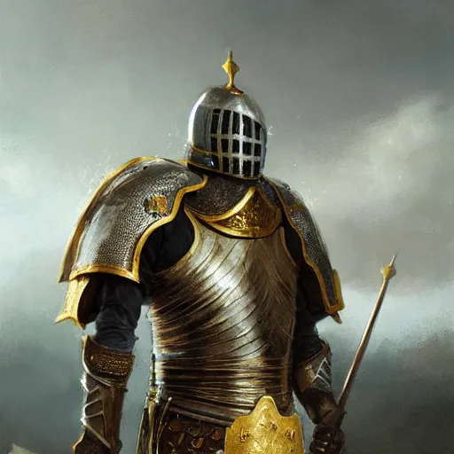 Image similar to very detailed knight's costume, with gold and silver, flags and ropes, james gurney, greg rutkowski, deviantart, artstation, depth of field effect