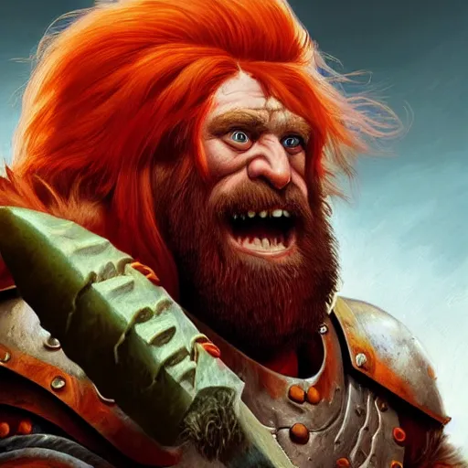 Image similar to masterpiece digital painting portrait of a ( troll slayer dwarf ), red hair, epic, cinematic lights, with an axe, by boris vallejo and samwise didier, warhammer battle, artstation, pinterest, unreal engine render, 8 k, detailed