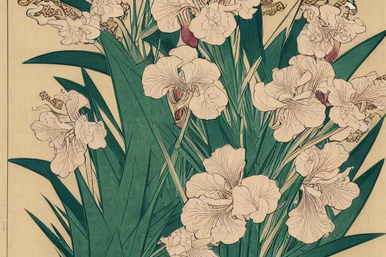 Prompt: a beautiful and hyperdetailed ukiyo - e drawing of tangled irises'leaves and flowers by katsushika hokusai, in style by utagawa kuniyoshi and utagawa hiroshige, japanese print art, intricate composition, elegant, complex!!, illustration, clean 4 k