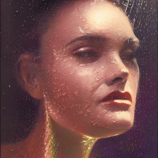 Image similar to detailed face of a woman clothed wrapped in textiles, lush, opulent, fauna, utopian, tech noir, wet reflections, prism, atmospheric, ambient, pj crook, syd mead, livia prima, artgerm, greg rutkowski, nick alm, casey baugh