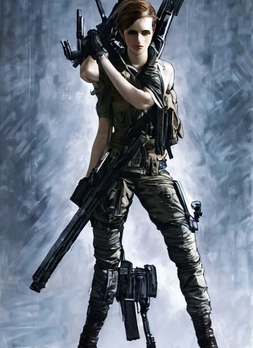 Image similar to fashion model emma watson wearing metal gear armor holding rifle dramatic lighting art by Yoji Shinkawa by Richard Schmid by Sandra Chevrier cinematic dramatic