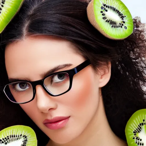 Prompt: close up of female model wearing glasses with kiwifruit slices as lenses