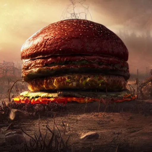 Image similar to a giant hamburger in an eldritch apocalyptic landscape covered in monstrosities by bekinski, fantasy art, 4k, HDR, photorealistic, 8k, trending on artstation