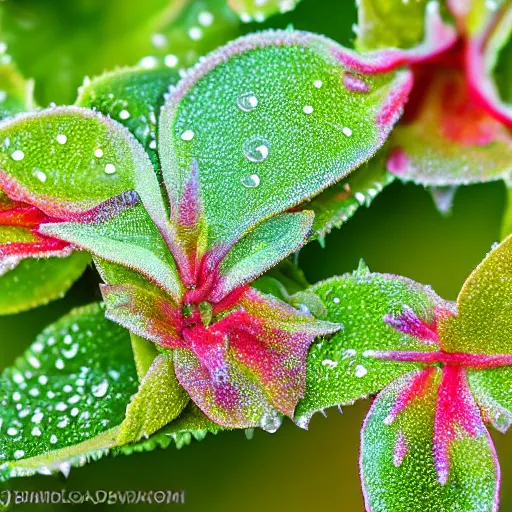 Prompt: breath taking macro photo of spigelia marilandica covered in early morning dew. backlit by the morning sun.