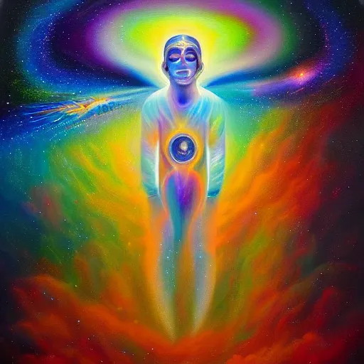 Image similar to transcendent sacred spaceman, astral spirit space journey in oil painting, ayahuasca, trending on artstation, award winning, emotional, highly detailed ethereal surrealist art