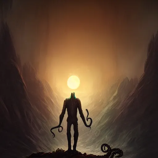 Prompt: a digital painting of cthulu standing in the distance, silhuette, huge creature, face with tentacles, back lighting, dramatic scene, detailed, night time, full moon, in the style of greg rutkowski