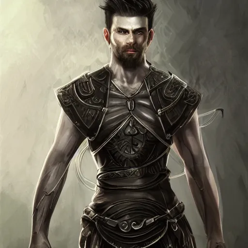 Image similar to realistic portrait, 30 year old man :: athletic, rough, angered :: short black hair, dark taint :: chain mail :: high detail, digital art, RPG, concept art, illustration