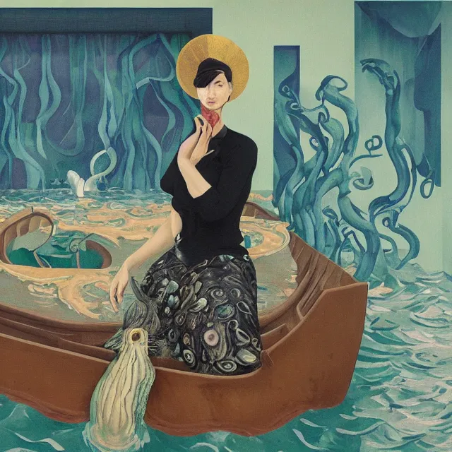 Image similar to tall female artist holding a nautilus in her flooded kitchen, pomegranates, window, octopus, water gushing from ceiling, painting of flood waters inside an artist's apartment, a river flooding indoors, ikebana, zen, rapids, waterfall, black swans, canoe, berries, acrylic on canvas, surrealist, by magritte and monet