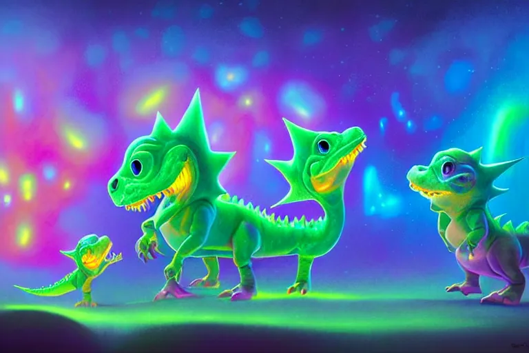 Image similar to pixar designed cute, smiling chibi style baby dinosaurs made entirely out of glowing electrified plasma, having fun inside a psychedelic realm made entirely out of love and acceptance and hypercolors. astral beings sharing love. greg rutkowski and wlop and lisa frank! and ruan jia, illustration, epic, fantasy, hyper detailed, smooth, unreal engine, sharp focus, ray tracing