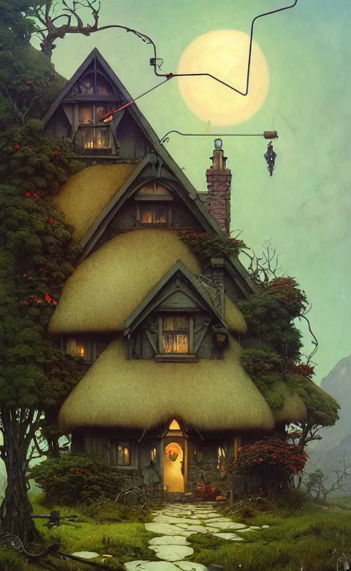 Image similar to a hyper realistic witchy cottage with solar panels on a tall hill, mountains, atmospheric lighting, lush foliage, painting by chiara bautista and tom bagshaw, mucha, beksinski and norman rockwell and greg rutkowski weta studio, and lucasfilm