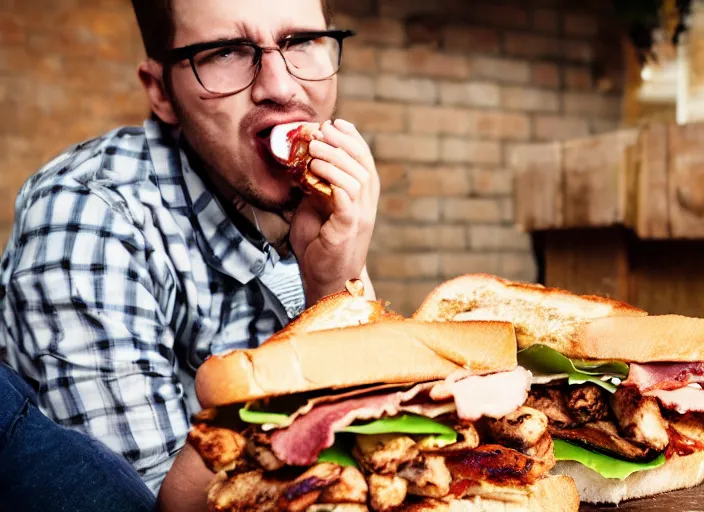 Image similar to Detrans man eating a chicken and bacon sandwich