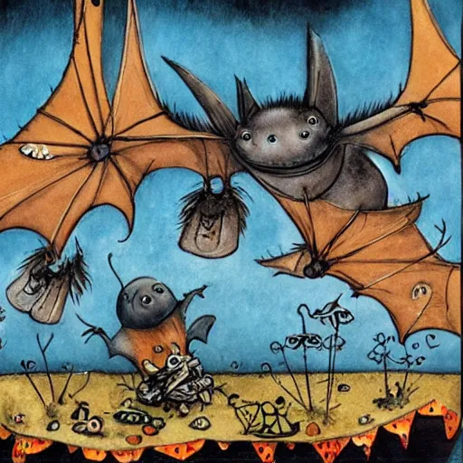 Image similar to bats picking up wishes for delivery at the Wish Factory, Wimmelbilder book by Brenda Haw, cut-away, find the hidden object, whimsical, cel-shaded, hyperdetailed, intricate, ArtStation