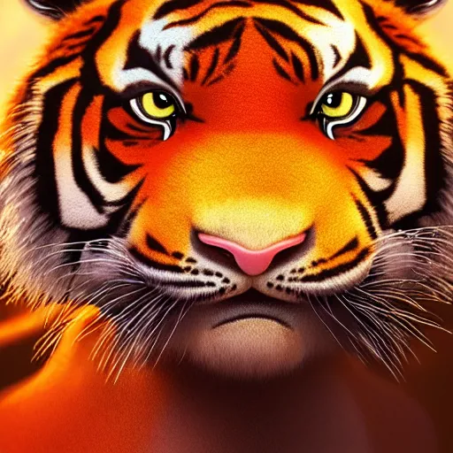 Image similar to adorable glowing tiger, trending on art station, cute, big eyes, matte painting, concept art, pixar, disney, highly detailed, cinematic composition, unreal engine, sharp focus, realistic