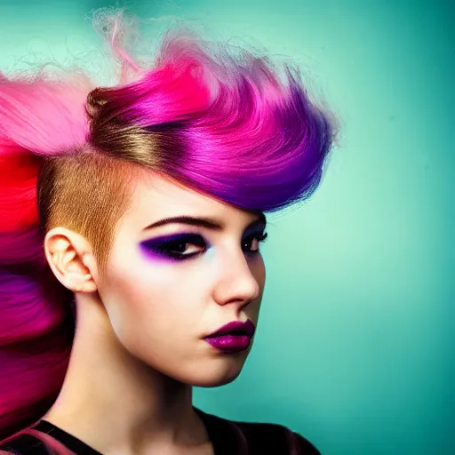 Prompt: a dramatic photo of a beautiful young woman with cotton candy hair. with a little bit of gold and red