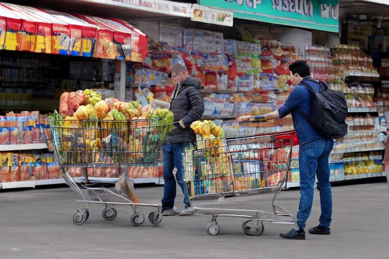 Image similar to Cinematography superman buying groceries in Moratalaz by Emmanuel Lubezky