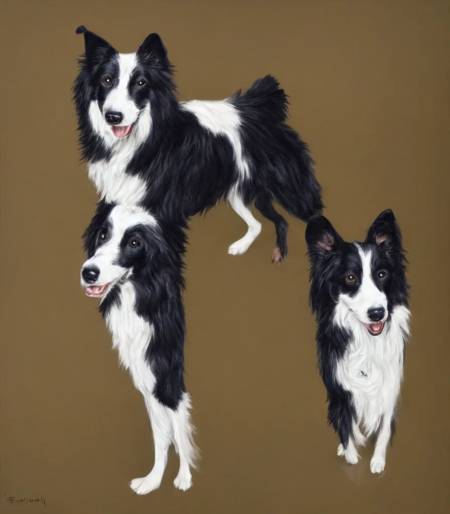 Image similar to oil painting of a border collie wearing a British Army uniform from the Second World War, full-body portrait, digital art, hyperrealism, highly detailed
