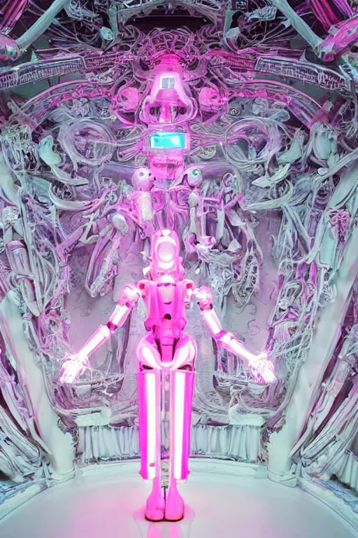 Prompt: full-body baroque and bladerunner style pink neon statue of a beautiful pale mech robot goddess humanoid dancing sim roupa, glowing white face, street hoody of red steampunk lasers, emeralds, swirling silver silk fabric. futuristic elements. prismatic liquid rainbow light, full-length view. space robots. human skulls. throne made of bones, intricate artwork by caravaggio. Trending on artstation, octane render, cinematic lighting from the right, hyper realism, octane render, 8k, depth of field, 3D