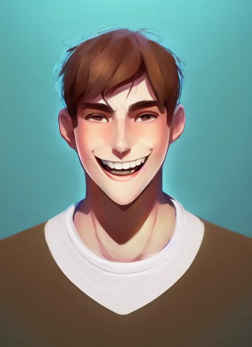 Image similar to a white young man with a big smile, prominent big eyes, round portruding chin, plump lips, brown flowers, standout colours, sharp, simple lines, digital painting, artstation, matte, sharp focus, illustration, realistic anime artstyle