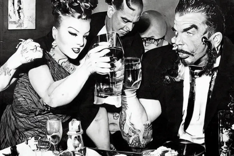 Image similar to rich piana dressed as a gangster is offered a drink at a 1 9 5 0 s party by a slim young lady, painted by phil hale and rick berry and dean cornwell and norman rockwell and jack kirby and jeremy mann