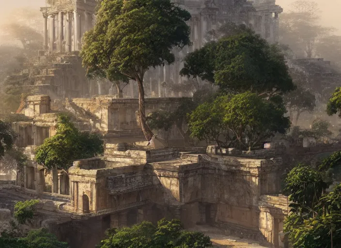 Prompt: Tyrona, Bustling coastal walled ancient city with Roman and Southeast Asian architecture surrounded by lush tropical jungle, anime, lush trees, fountain, a fantasy digital painting by Greg Rutkowski and James Gurney, trending on Artstation, highly detailed