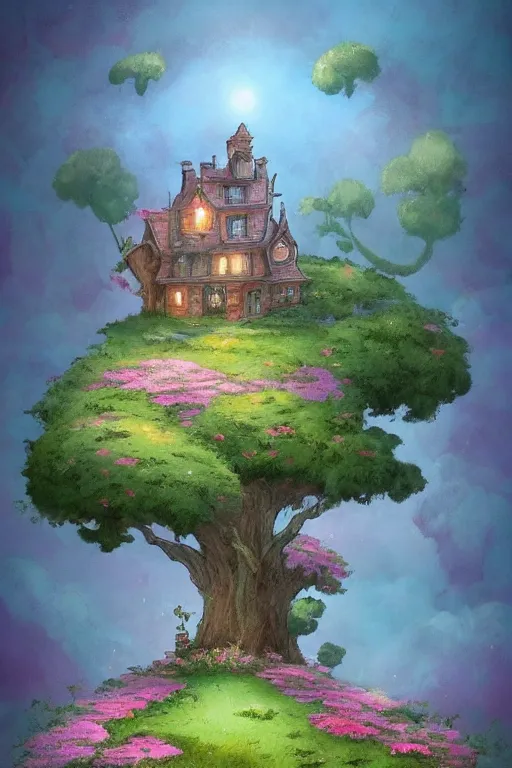 Image similar to beautiful matte painting of a whimsical house on a hill trees flowers whimsical by brian kesinger, bob ross, artstation