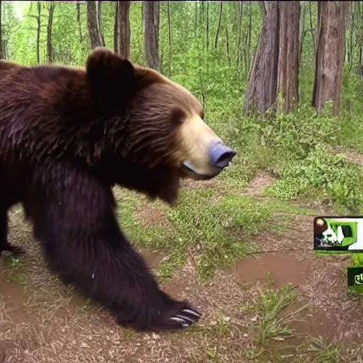 Image similar to trailcam footage of emma watson head locking a bear