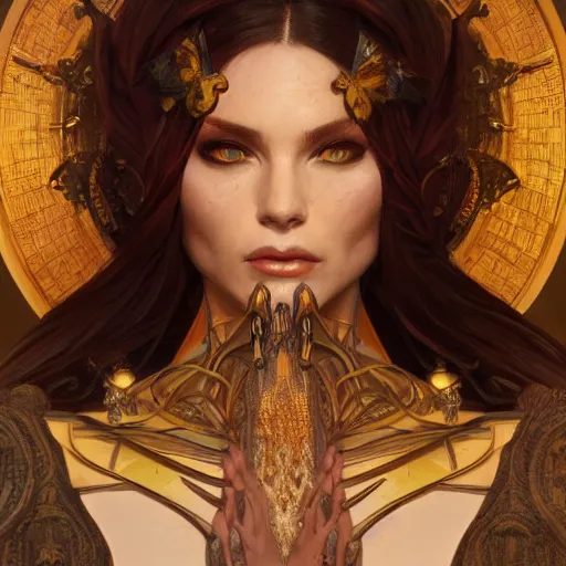 Image similar to perfectly-centered-Portrait of a sinister Goddess, intricate, highly detailed, digital painting, artstation, concept art, smooth, sharp focus, illustration, Unreal Engine 5, 8K, art by artgerm and greg rutkowski and alphonse mucha