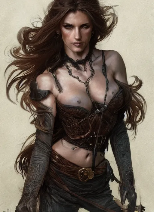 Image similar to portrait of a ruggedly handsome female witch, soft hair, muscular, half body, leather, d & d, fantasy, intricate, elegant, highly detailed, digital painting, artstation, concept art, smooth, sharp focus, illustration, art by artgerm and greg rutkowski and alphonse mucha