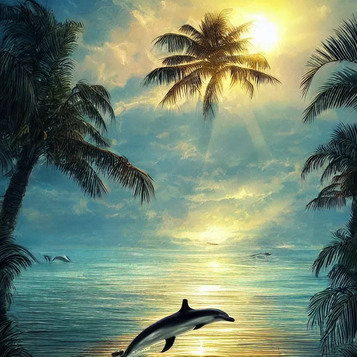Prompt: dolphin swimming, golden hour, god rays, by artgerm and ismail inceoglu and greg olsen, palm trees, masterpiece, beautiful, intricate, elegant, highly detailed