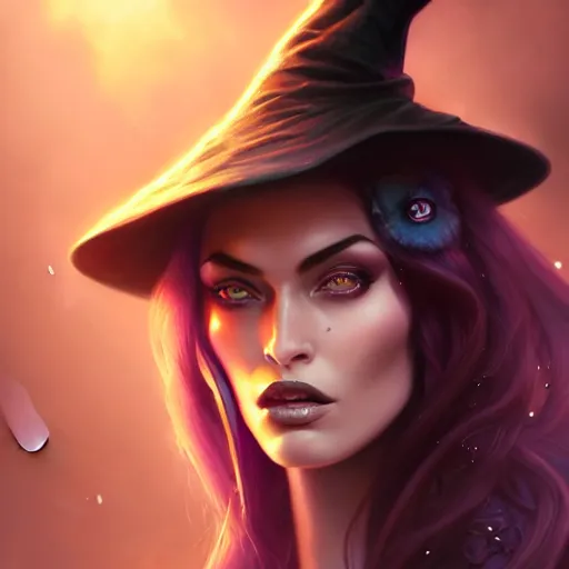 Image similar to an insanely detailed portrait of a beautiful witch that looks like megan fox with long dark purple hair, wearing black witch hat, beautiful detailed eyes, in the style of peter mohrbacher, artgerm, dramatic lighting and composition, octane render, trending on artstation, concept art