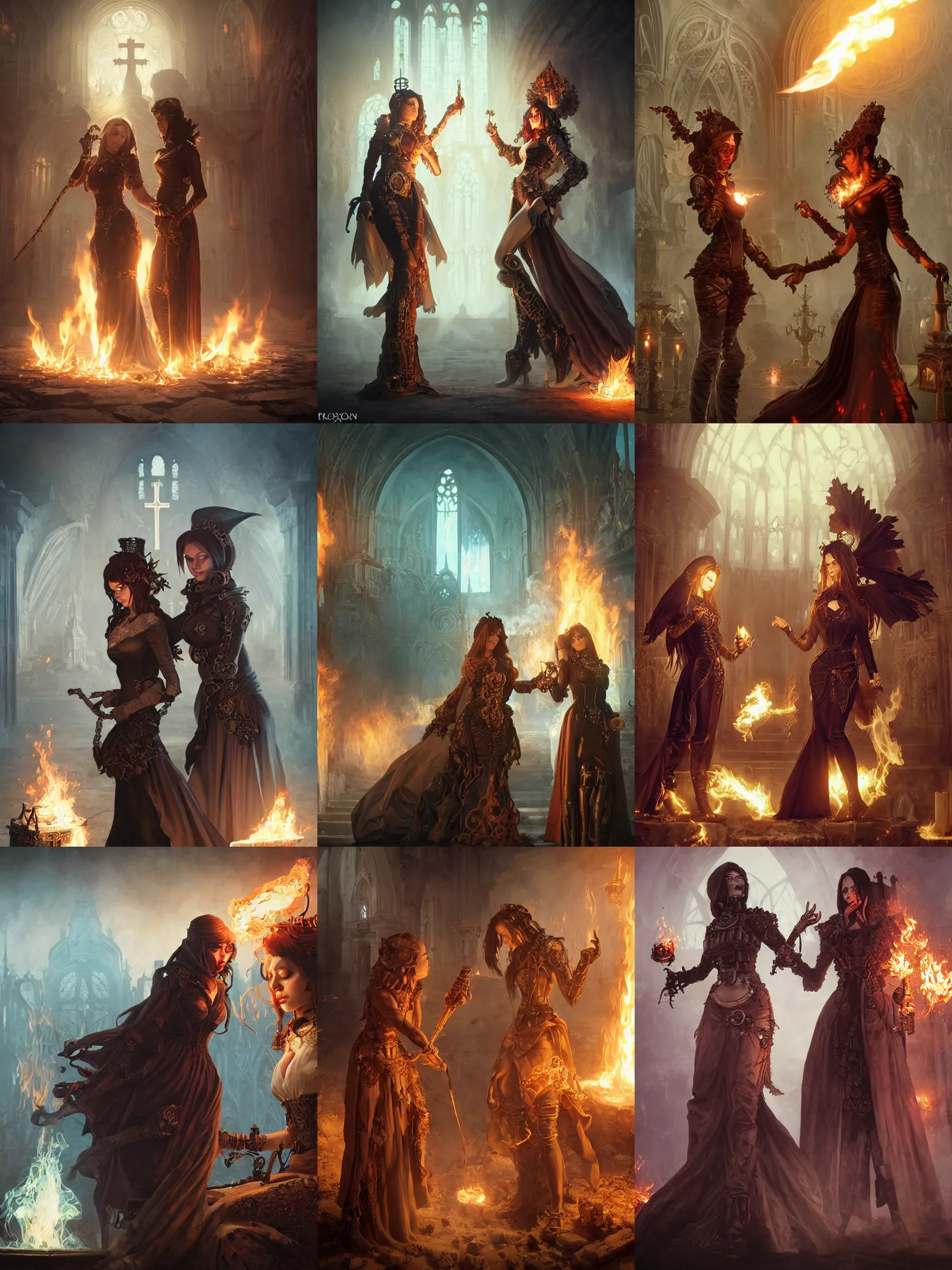 Prompt: marriage between evil female pyromancer and female necromancer, steampunk, unholy, white church background, detailed face, sharp focus, highly detailed, cinematic lighting, studio quality, colorful, smooth render, unreal engine 5 rendered, octane, rendered, by artgerm, greg rutkowski, alphonse mucha