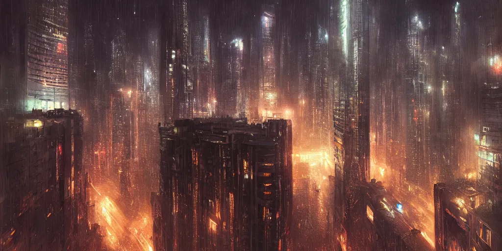 Prompt: a beautiful painting of a scifi city at night, skyscrapers, heavy Rain, photorealistic, matte painting, 8k, long exposure photo, low angle, Greg rutkowski