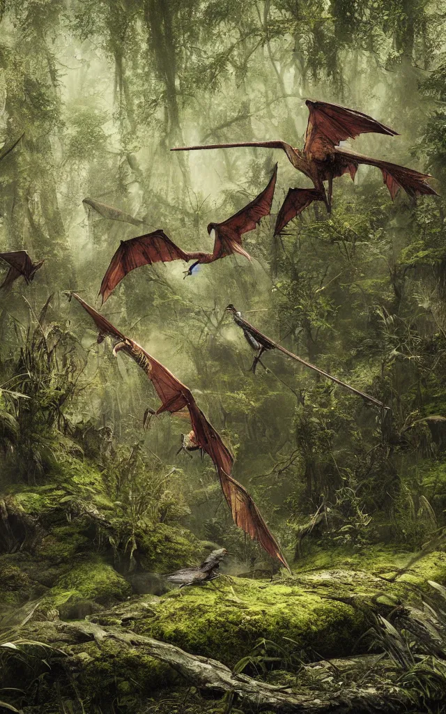 Image similar to rainbow dim pterodactyl hunt in a swamp by luis royo, moss and mud, photography, 3d octane render