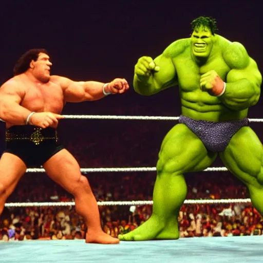 Prompt: shrek and John cena tag team fight vs andre the giant and hulk hogan at wrestlemania 8, dramatic lighting ,