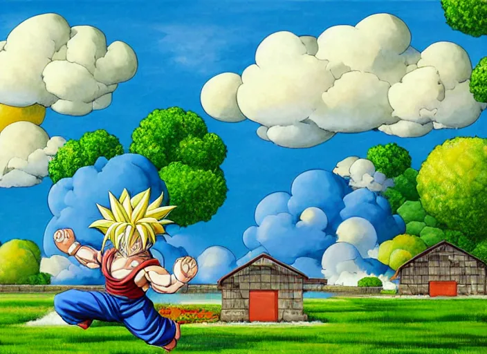 Prompt: Painting kame house cloud background art, official, detailed, character dragonball, award winning artwork, Akira Toriyama