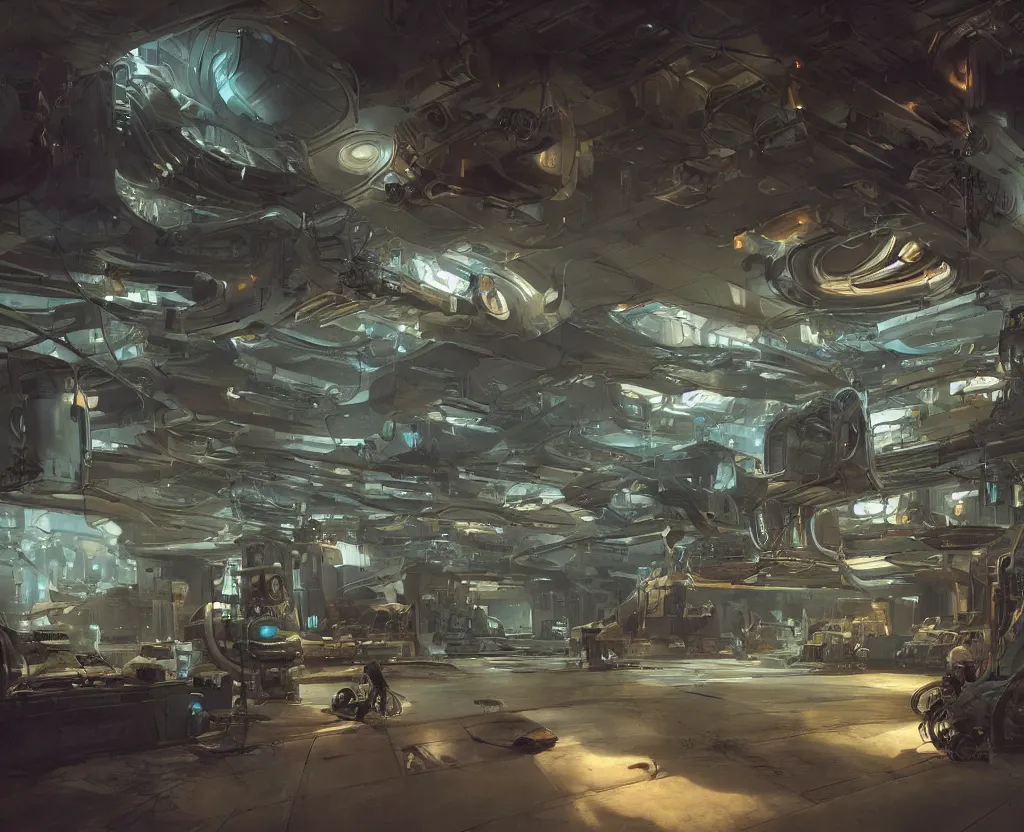 Prompt: the inside of a futuristic mechanic spaceshop, highly detailed interior, holographic screen in center frame by peter mohrbacher and craig mullins, dieselpunk, cyberpunk, firefly, cryengine render, hyper realism, realistic shading, cinematic composition, realistic render, octane render, detailed textures, photorealistic, wide shot, fanciful, colorful