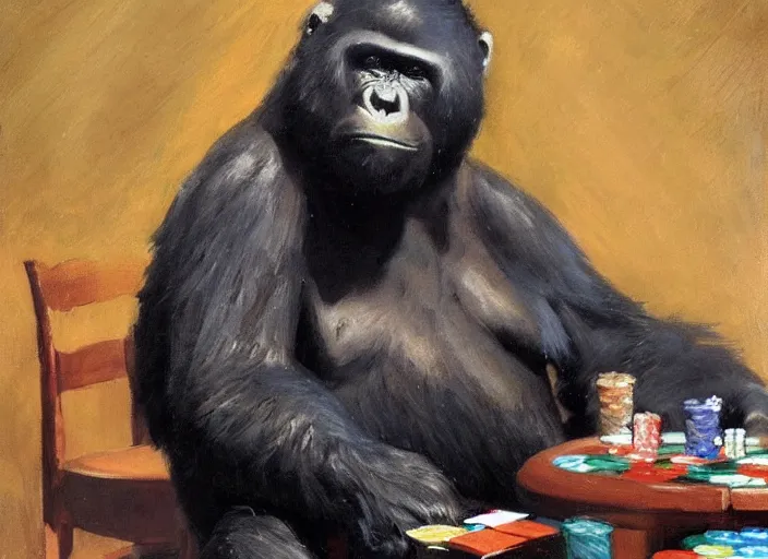 Prompt: gorrila with a bear, playing poker highly detailed beautiful, by gregory manchess, james gurney, james jean