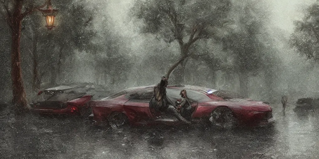 Prompt: tall man beast in a park on a rainy day and smashing cars, cinematic composition, a fantasy digital painting by greg rutkowski and james gurney, trending on artstation, highly detailed, hyperrealistic, realistic, photorealistic, dynamic lighting, highly detailed, cinematic landscape, studio landscape, studio lighting